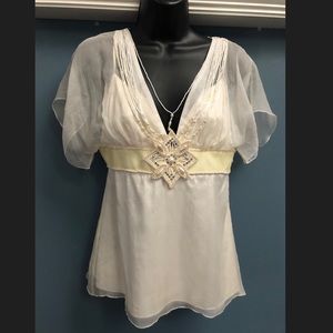 bebe white silk beaded empire waist top- Sz M